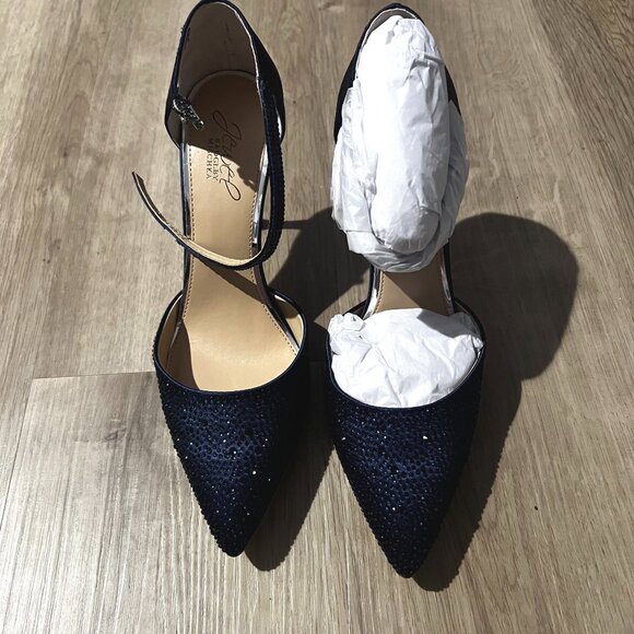 NWT Jewel Badgley Mischka Jailene Navy Satin Pointed Toe Ankle Strap Heels SZ 8 - Picture 2 of 11
